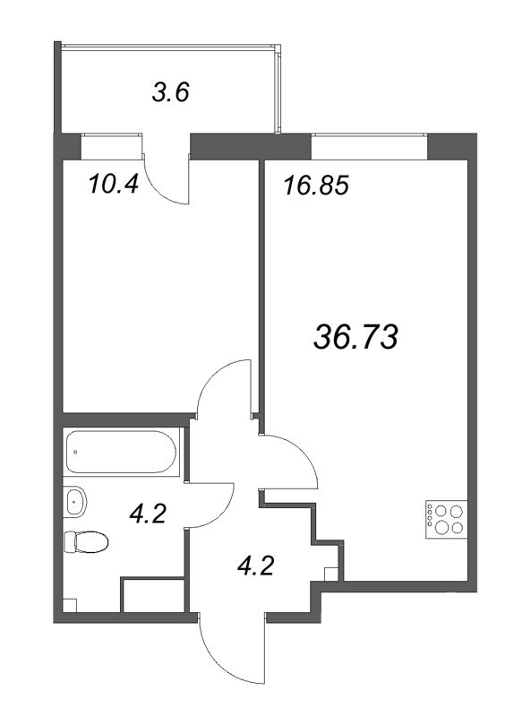 2-комнатная (Евро) квартира, 36.73 м² - планировка, фото №1
