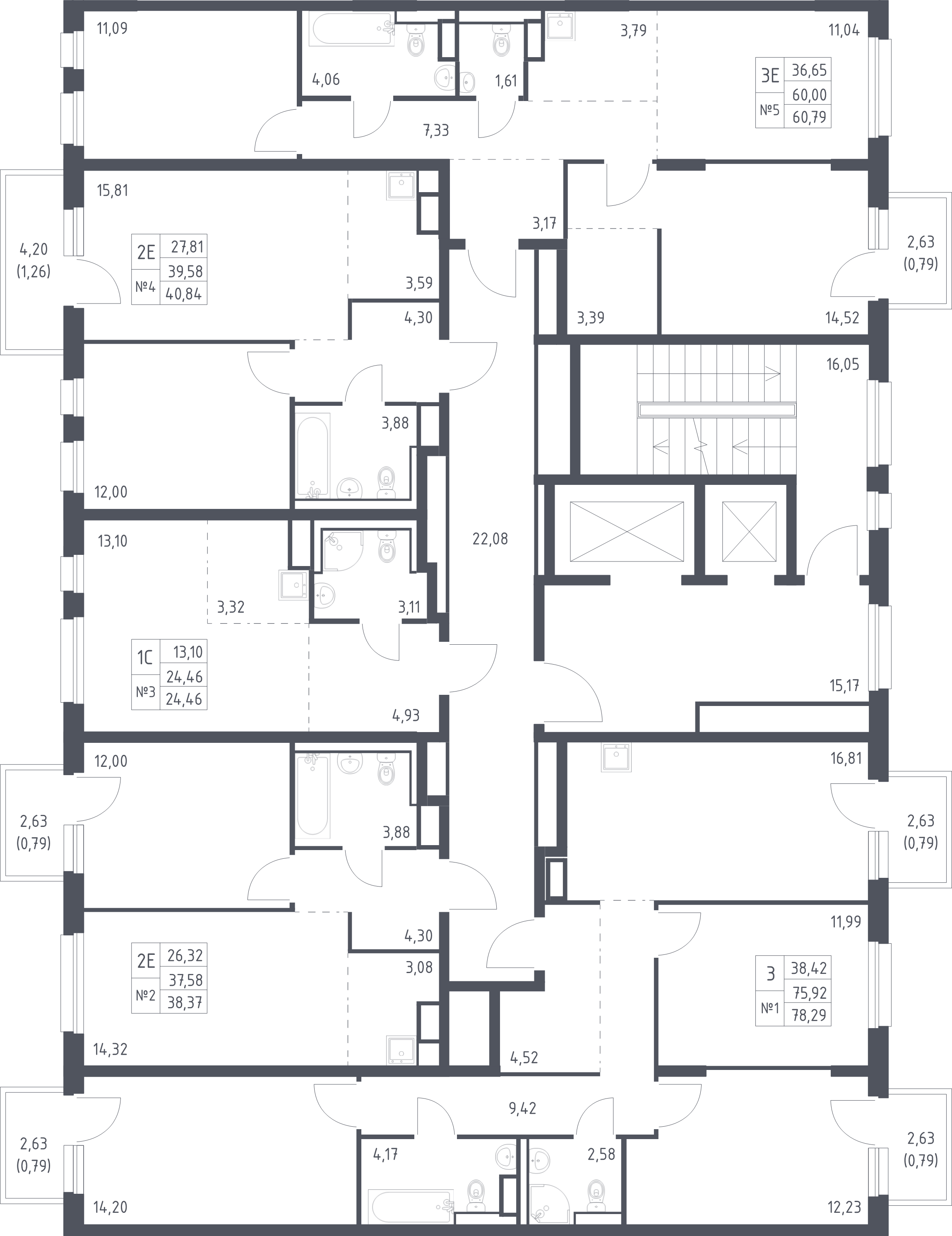 2-комнатная квартира, 60.79 м² в ЖК "Новые Лаврики" - планировка этажа