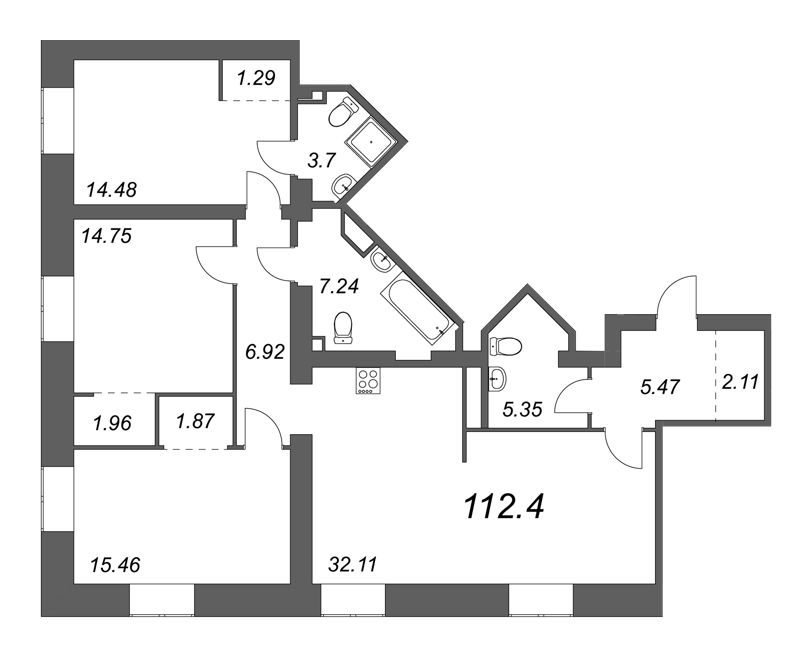 4-комнатная (Евро) квартира, 119.9 м² в ЖК "Мадонна Бенуа" - планировка, фото №1