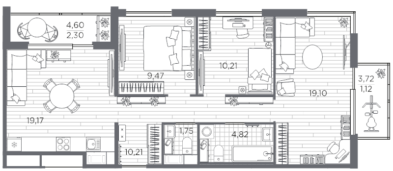 4-комнатная (Евро) квартира, 78.15 м² - планировка, фото №1