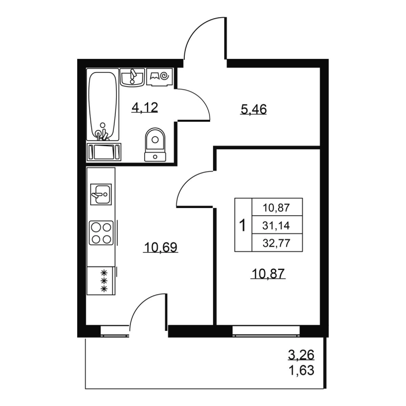 1-комнатная квартира, 32.77 м² - планировка, фото №1