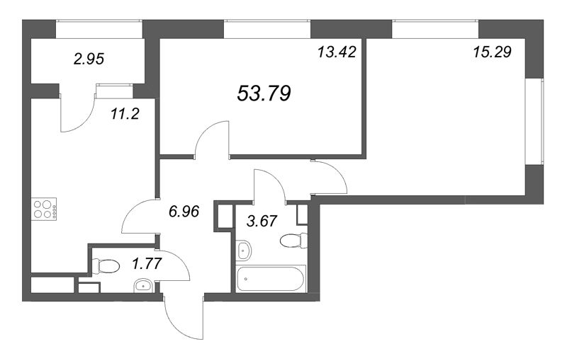 2-комнатная квартира, 53.79 м² в ЖК "Аурум" - планировка, фото №1