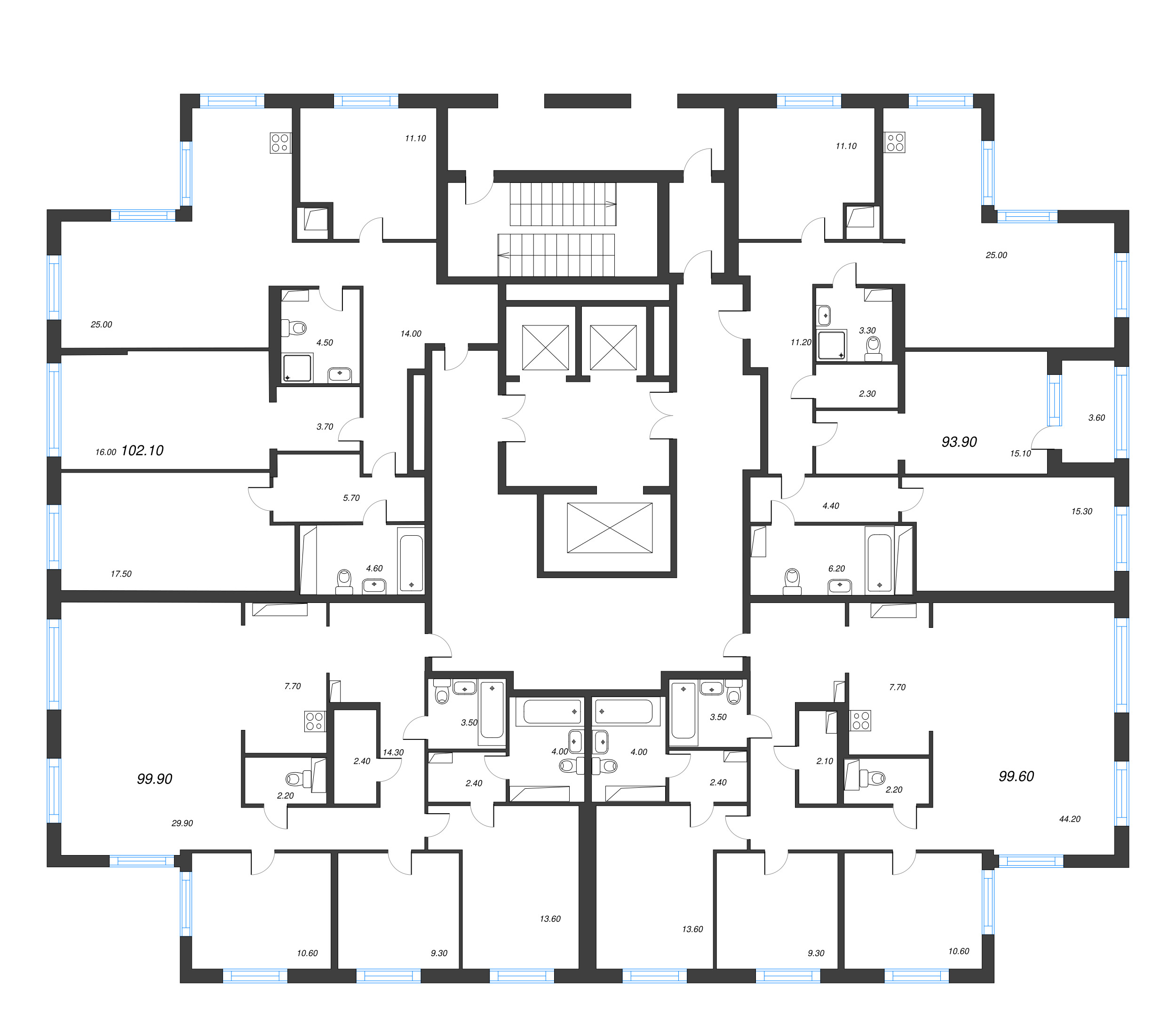4-комнатная (Евро) квартира, 93.9 м² в ЖК "Струны" - планировка этажа