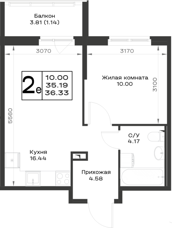 2-комнатная (Евро) квартира, 36.33 м² в ЖК "Имена" - планировка, фото №1