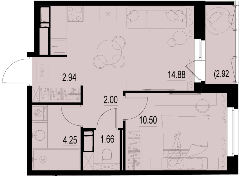 2-комнатная (Евро) квартира, 37.69 м² - планировка, фото №1