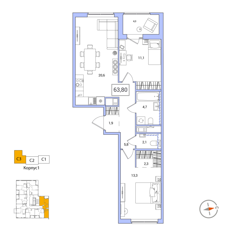 3-комнатная (Евро) квартира, 63.8 м² - планировка, фото №1
