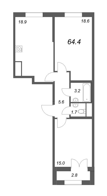 3-комнатная (Евро) квартира, 64.4 м² - планировка, фото №1