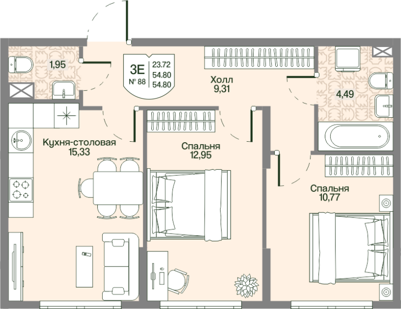 3-комнатная (Евро) квартира, 54.8 м² в ЖК "Охтинские высоты" - планировка, фото №1