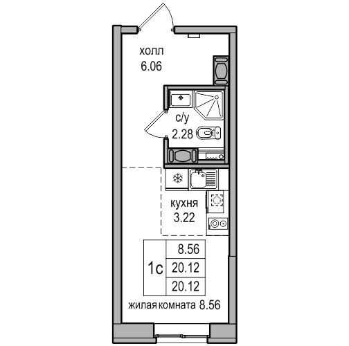 Квартира-студия, 20.1 м² в ЖК "Северная Долина" - планировка, фото №1