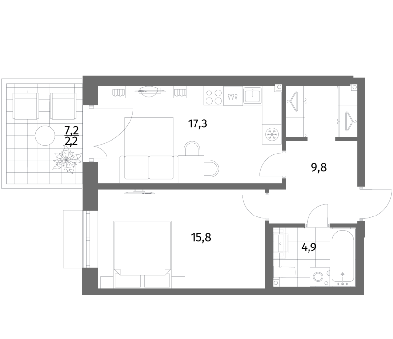 2-комнатная (Евро) квартира, 50 м² в ЖК "Парусная 1" - планировка, фото №1
