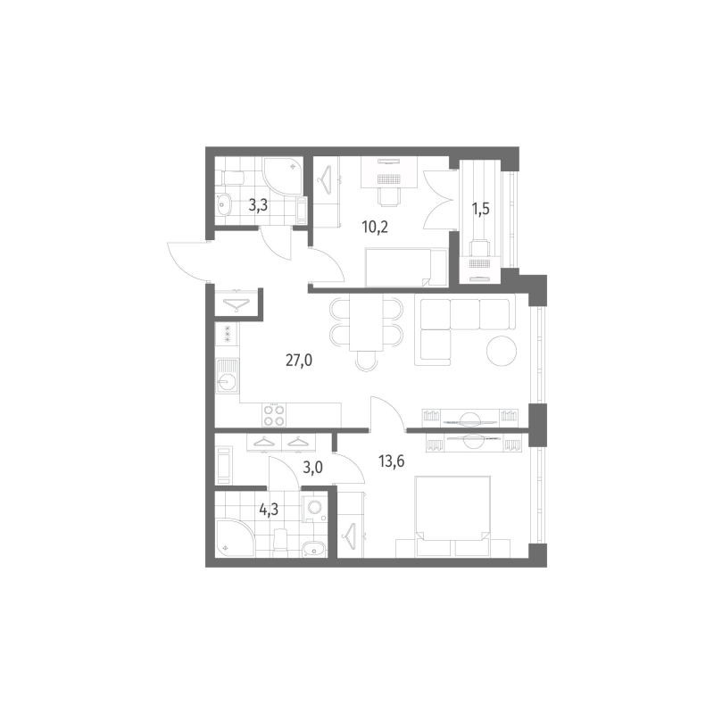 3-комнатная (Евро) квартира, 62.9 м² в ЖК "NewПитер 2.0" - планировка, фото №1