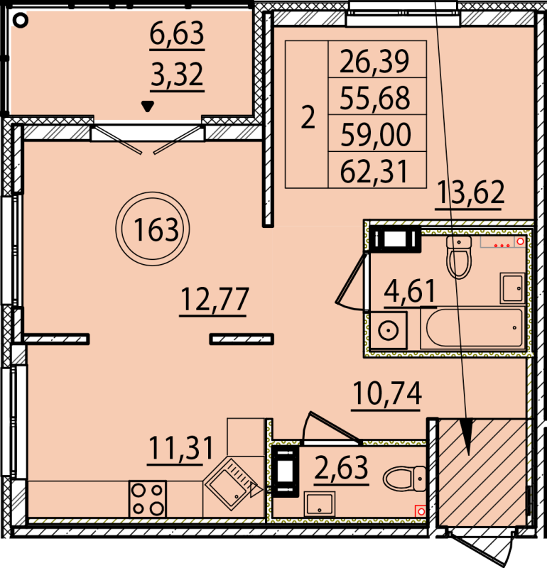 2-комнатная квартира, 55.68 м² - планировка, фото №1