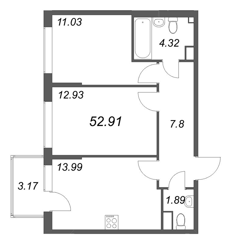 2-комнатная квартира, 52.91 м² в ЖК "Охтинские высоты" - планировка, фото №1