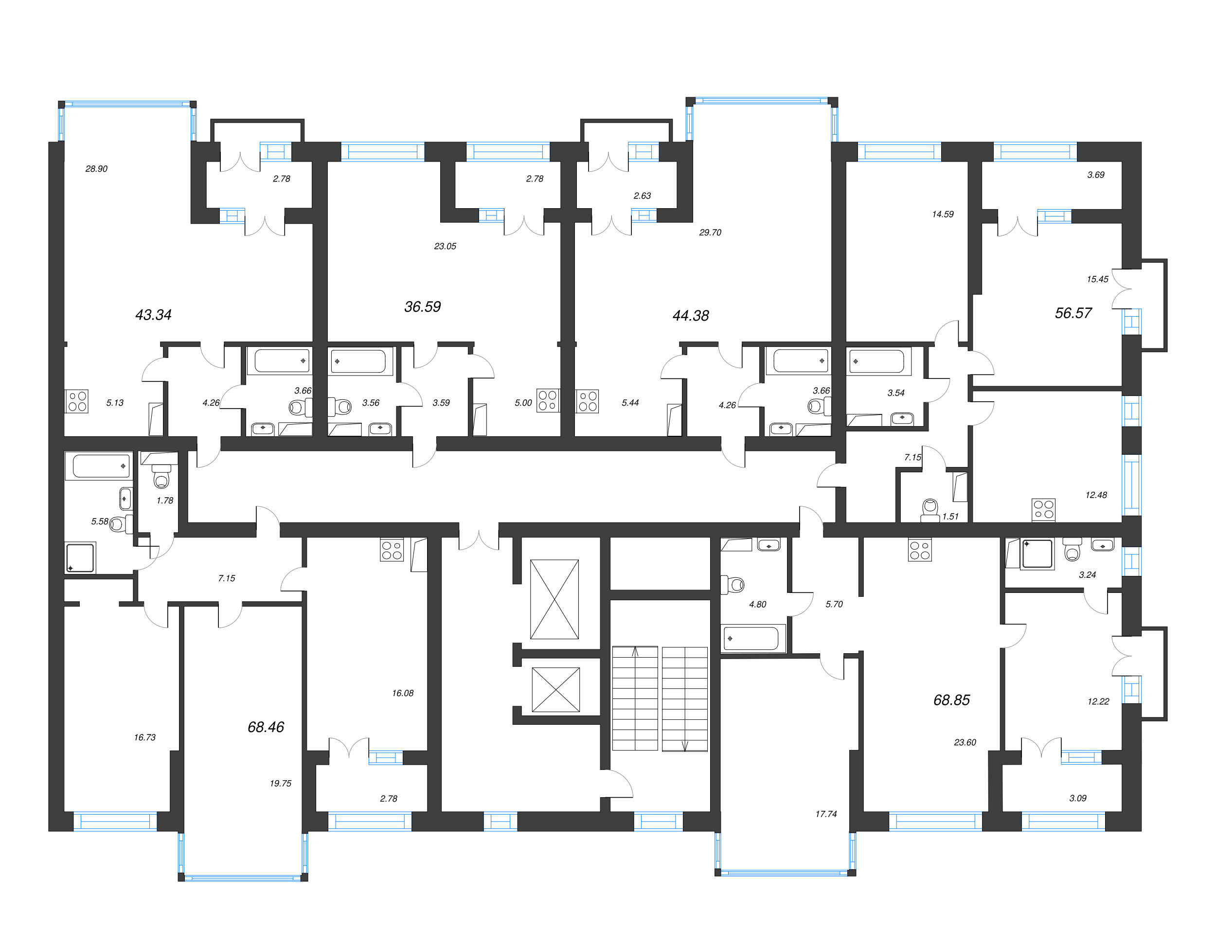 3-комнатная (Евро) квартира, 71.4 м² в ЖК "Наука" - планировка этажа