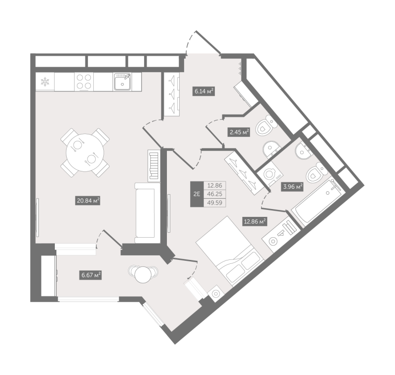 2-комнатная (Евро) квартира, 49.59 м² - планировка, фото №1