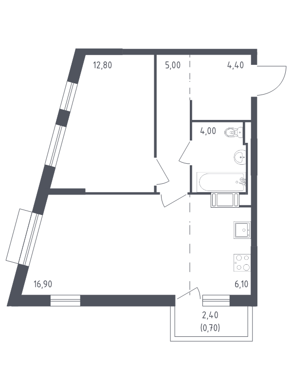 2-комнатная (Евро) квартира, 49.9 м² - планировка, фото №1