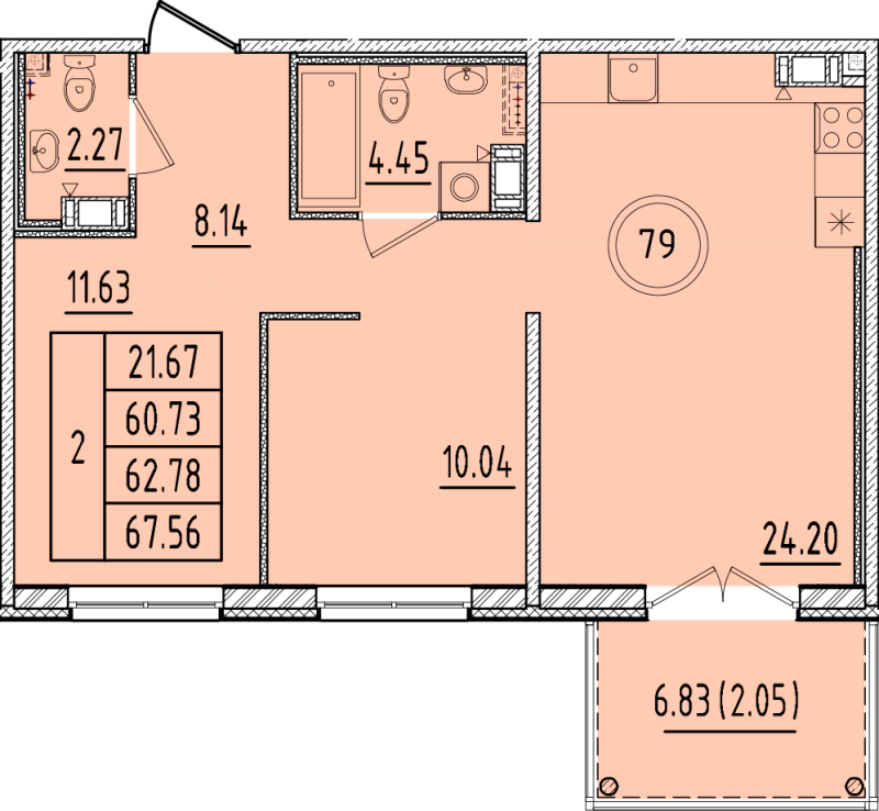 3-комнатная (Евро) квартира, 60.73 м² - планировка, фото №1