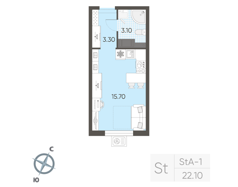 Квартира-студия, 22.1 м² в ЖК "Ручьи" - планировка, фото №1