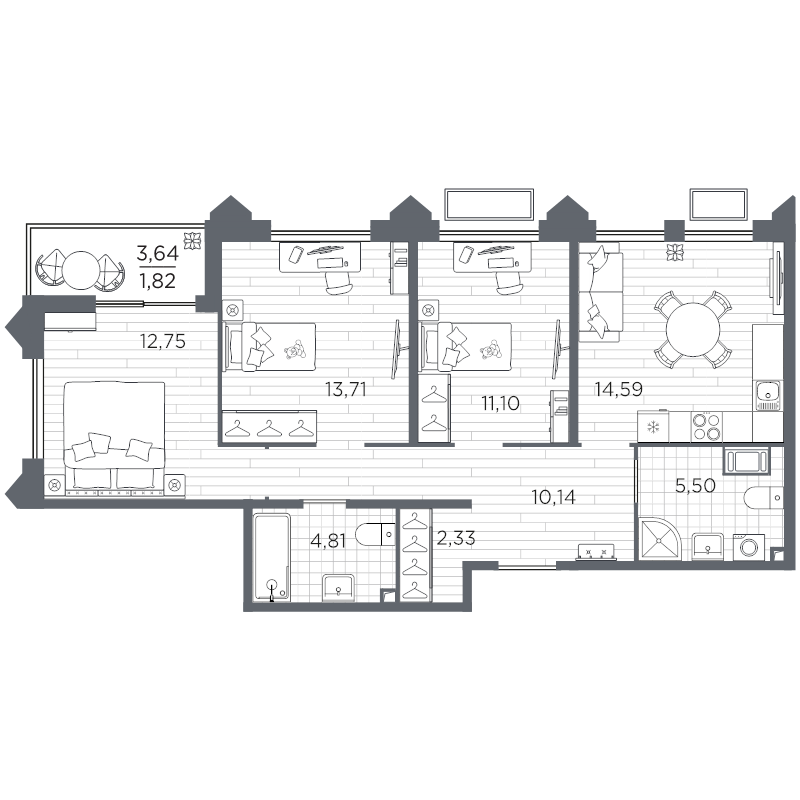 3-комнатная квартира, 76.75 м² в ЖК "Respect" - планировка, фото №1