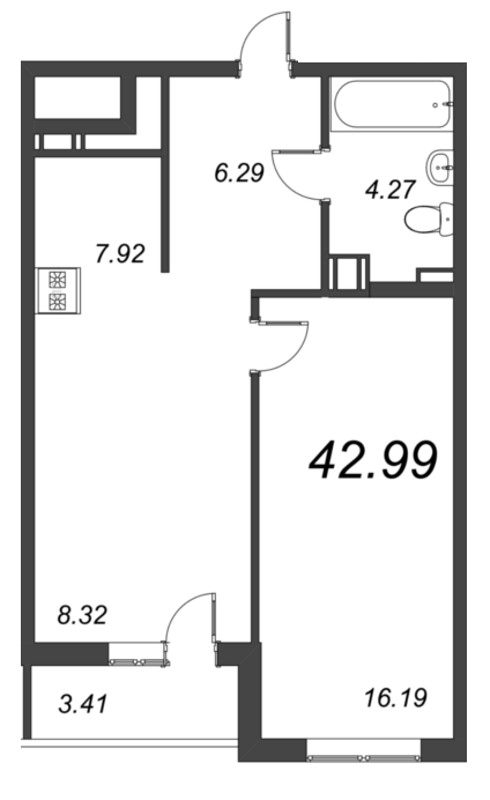 2-комнатная (Евро) квартира, 42.99 м² - планировка, фото №1