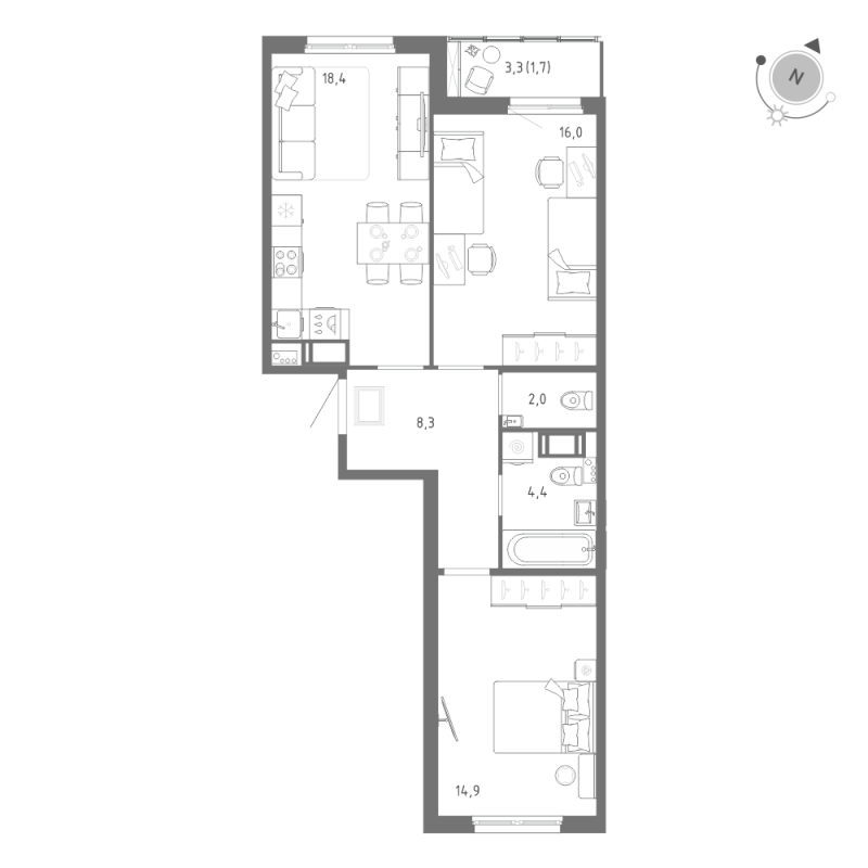 3-комнатная (Евро) квартира, 65.7 м² в ЖК "Клюква.Парк" - планировка, фото №1