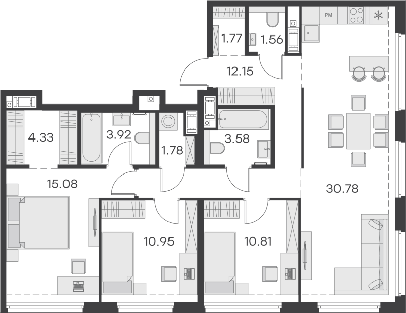 4-комнатная (Евро) квартира, 96.71 м² - планировка, фото №1