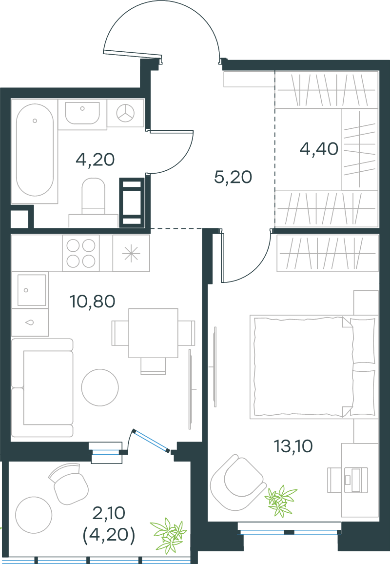 1-комнатная квартира, 39.8 м² в ЖК "Левел Мечникова" - планировка, фото №1