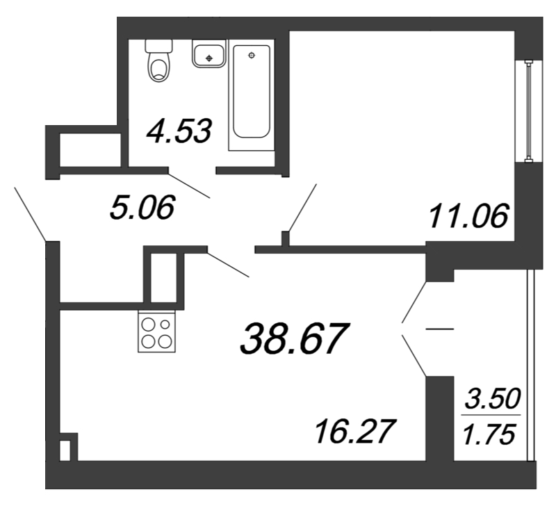 2-комнатная (Евро) квартира, 38.67 м² - планировка, фото №1