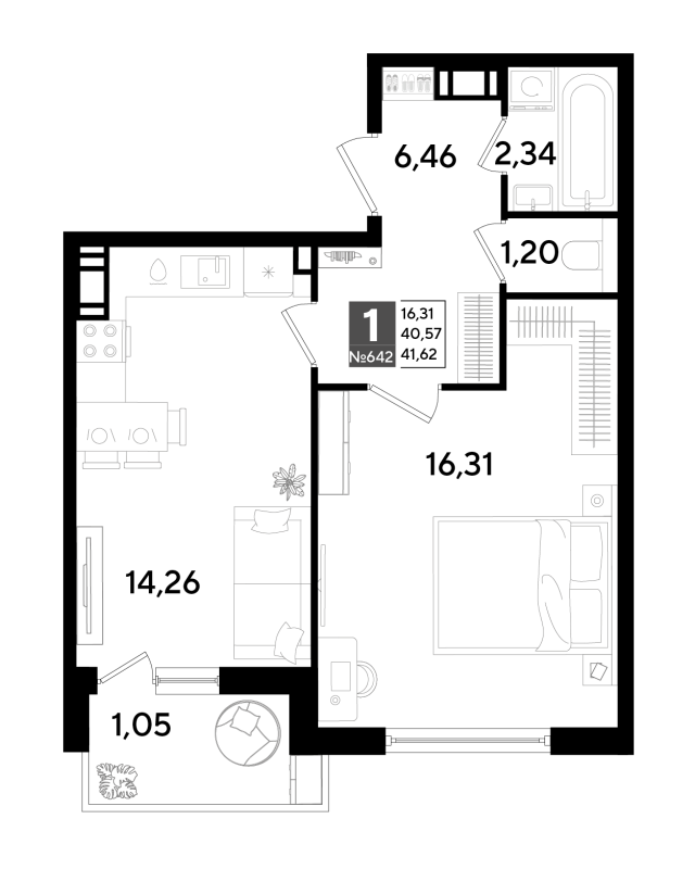 1-комнатная квартира, 41.62 м² в ЖК "Догма Юкки" - планировка, фото №1