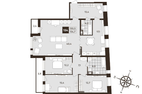 4-комнатная (Евро) квартира, 130.5 м² в ЖК "Дом на Бронницкой" - планировка, фото №1