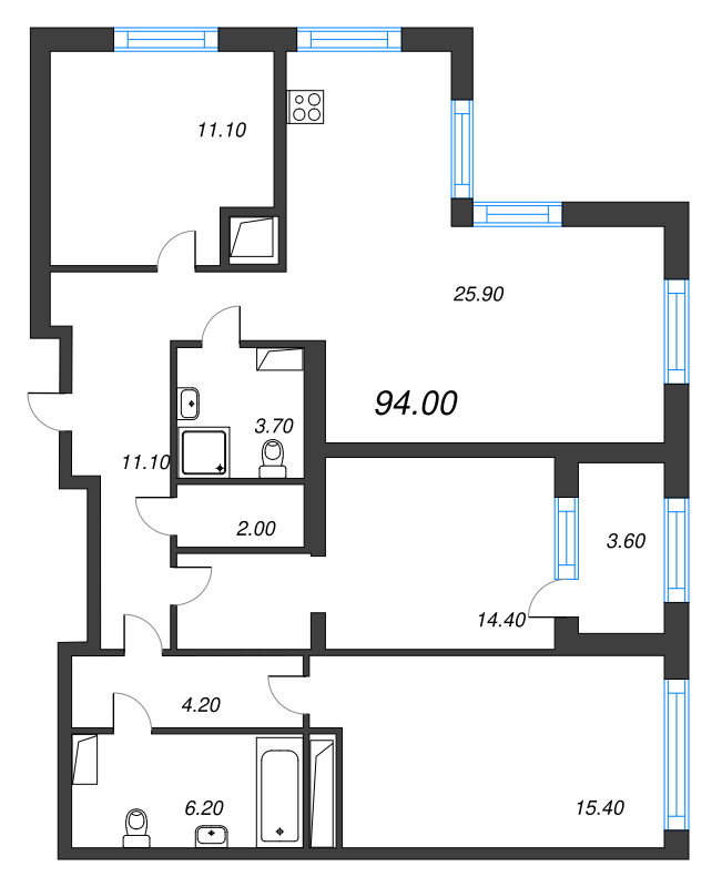 4-комнатная (Евро) квартира, 94 м² в ЖК "Струны" - планировка, фото №1