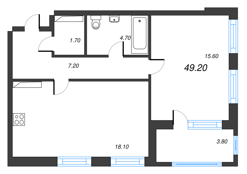 2-комнатная (Евро) квартира, 49.3 м² - планировка, фото №1