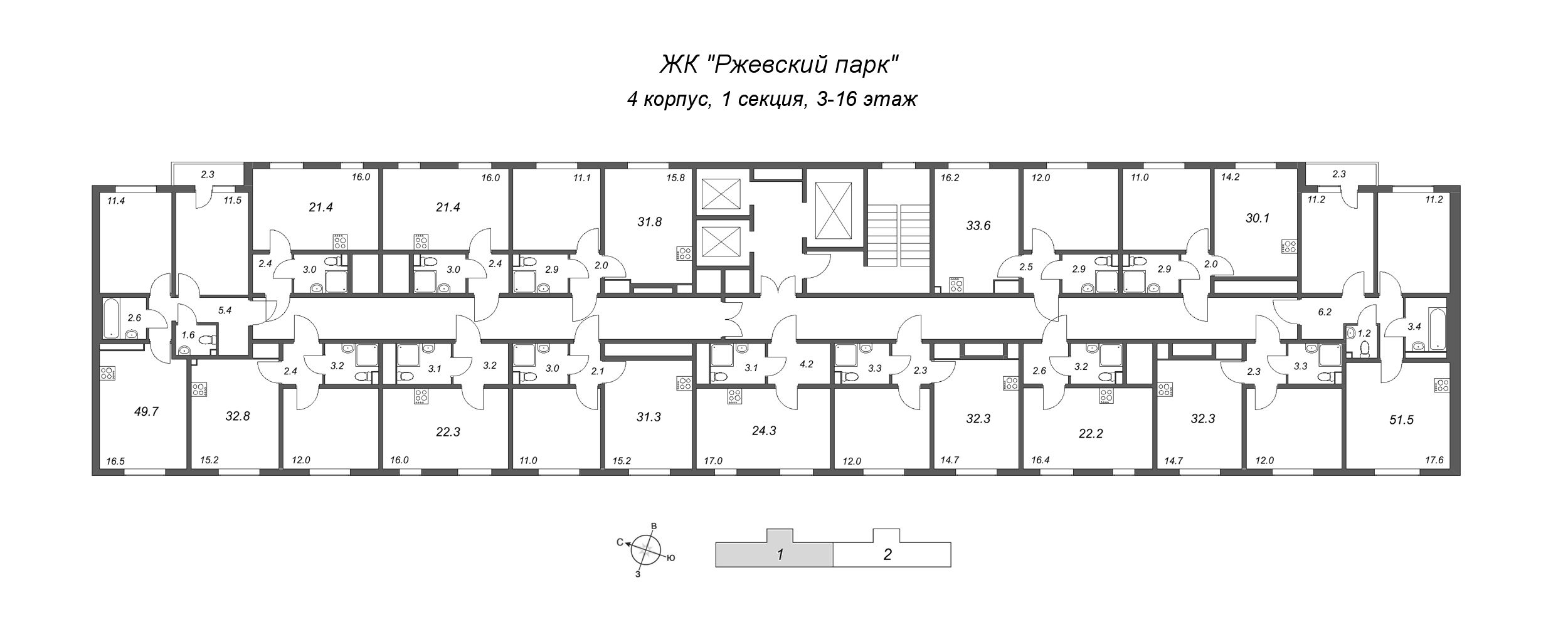 Квартира-студия, 22.2 м² в ЖК "ЛСР. Ржевский парк" - планировка этажа