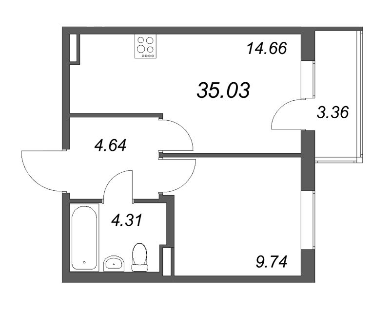 1-комнатная квартира, 35.03 м² в ЖК "Новая история" - планировка, фото №1