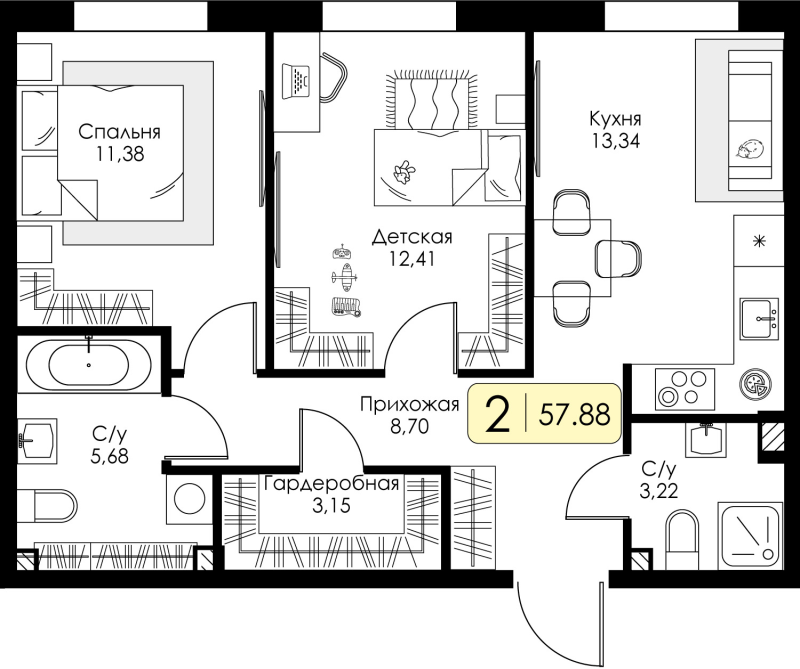 2-комнатная квартира, 57.88 м² в ЖК "Всевгород" - планировка, фото №1