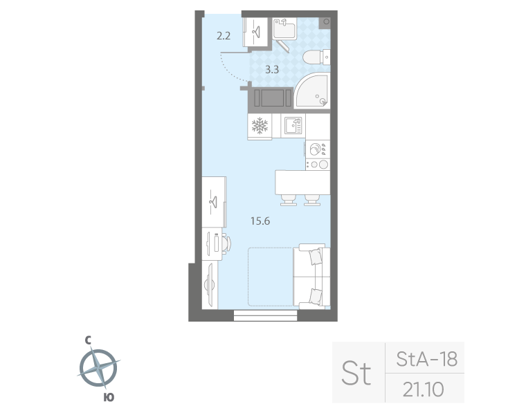 Квартира-студия, 21.1 м² в ЖК "Дыбенко Парк" - планировка, фото №1