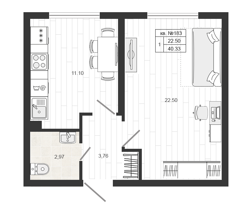 1-комнатная квартира, 40.33 м² в ЖК "Верево-сити" - планировка, фото №1