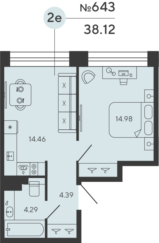 2-комнатная (Евро) квартира, 38.12 м² в ЖК "Bashni Element" - планировка, фото №1