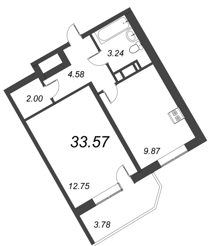 1-комнатная квартира, 33.57 м² - планировка, фото №1
