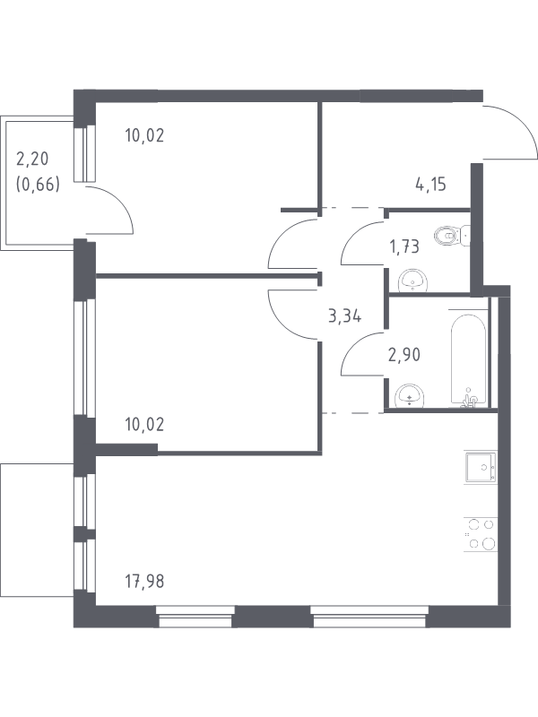 3-комнатная (Евро) квартира, 50.8 м² - планировка, фото №1