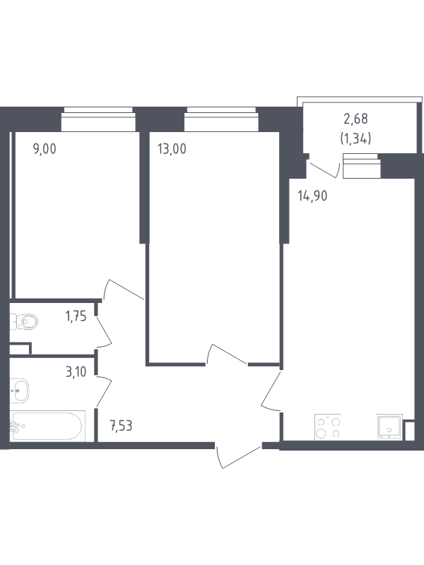 2-комнатная квартира, 50.62 м² в ЖК "Живи! В Рыбацком" - планировка, фото №1
