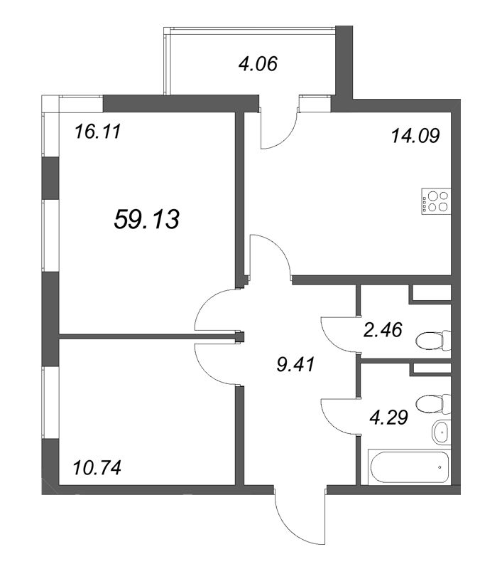 2-комнатная квартира, 59.13 м² в ЖК "Новая история" - планировка, фото №1