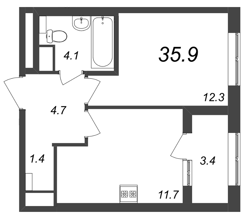 1-комнатная квартира, 35.9 м² - планировка, фото №1