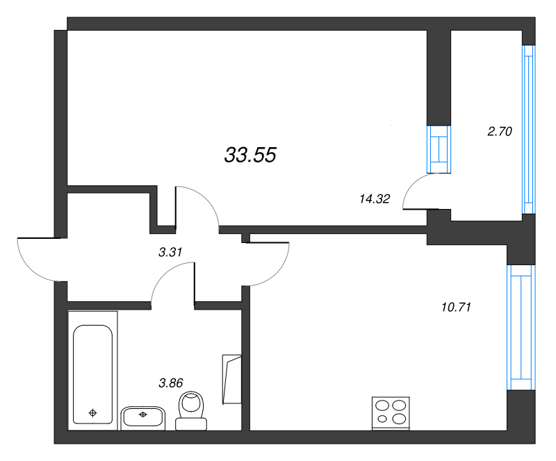 1-комнатная квартира, 33.55 м² - планировка, фото №1