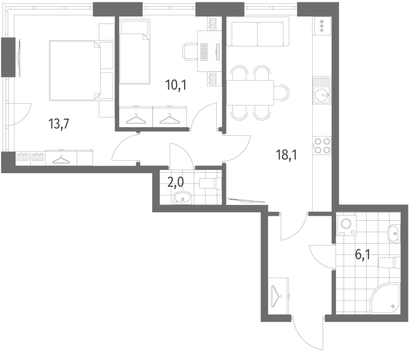 3-комнатная (Евро) квартира, 58 м² - планировка, фото №1