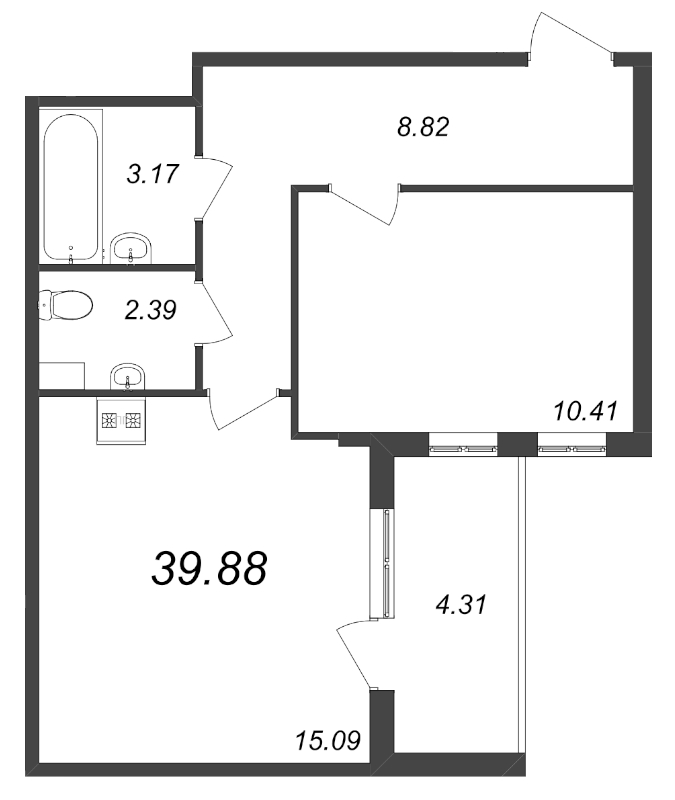 2-комнатная (Евро) квартира, 39.88 м² - планировка, фото №1