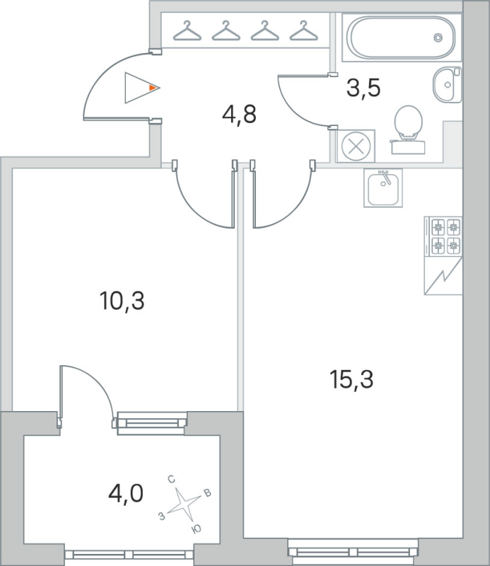 2-комнатная (Евро) квартира, 33.9 м² в ЖК "ЮгТаун" - планировка, фото №1