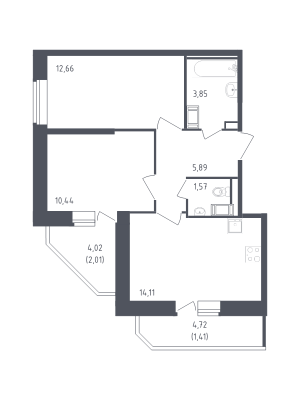 2-комнатная квартира, 51.94 м² в ЖК "Живи! В Рыбацком" - планировка, фото №1