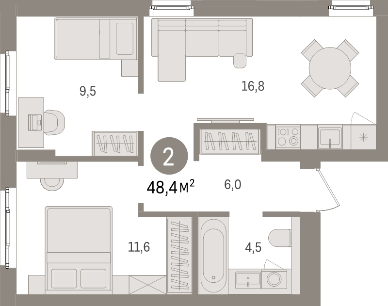 3-комнатная (Евро) квартира, 48.4 м² в ЖК "Брусника в Новоселье" - планировка, фото №1