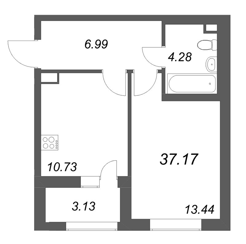 1-комнатная квартира, 37.17 м² в ЖК "Аквилон Солар" - планировка, фото №1